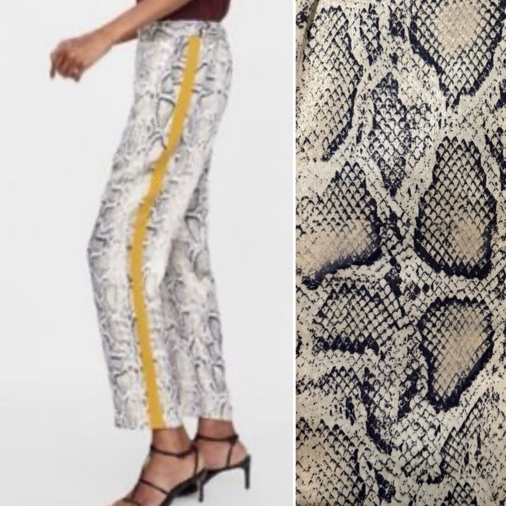 ZARA 🐍 Snakeskin print yellow side stripe ankle tuxedo pants | Sz L